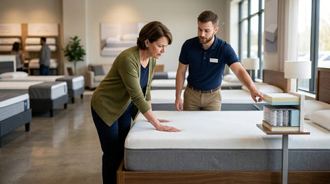 Shopper testing a firm mattress in a showroom while a sleep consultant explains mattress layers