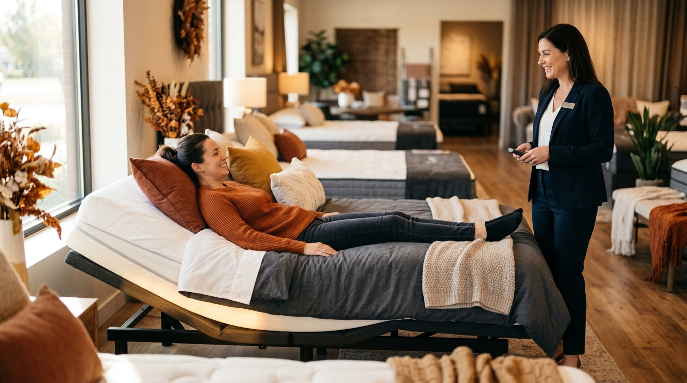 Shopper testing a mattress and adjustable base in a showroom during a Memorial Day mattress sale