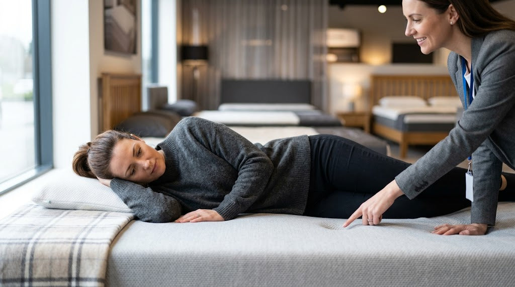Shopper testing a pressure relief mattress in a modern showroom
