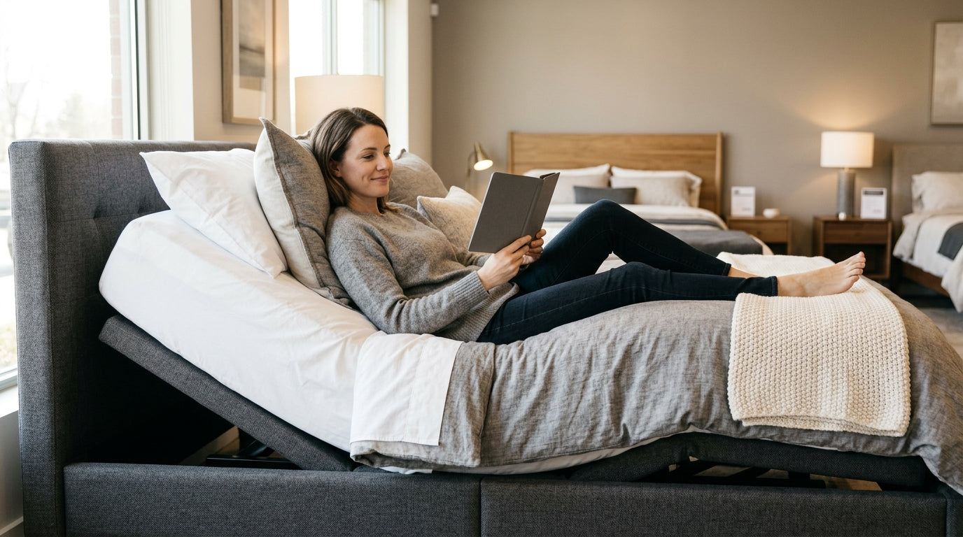 Adjustable bed base being tested in a mattress showroom