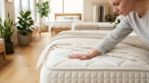 Shopper testing a Naturepedic organic mattress in a Richmond TX showroom