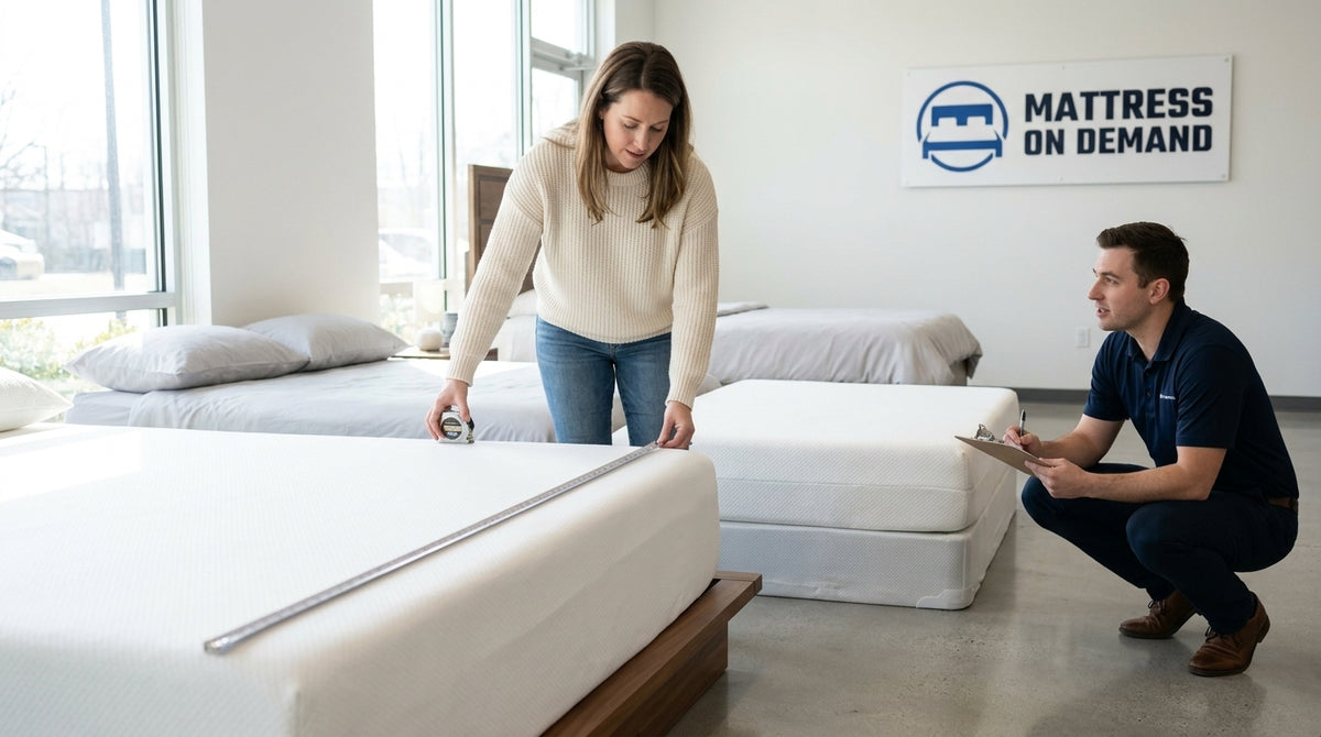 Shopper measuring a queen mattress next to a full mattress on a low-profile foundation inside a Mattress On Demand showroom