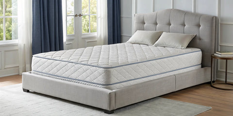 One of the best flippable mattresses on a bed frame in a bright, comfortable bedroom.