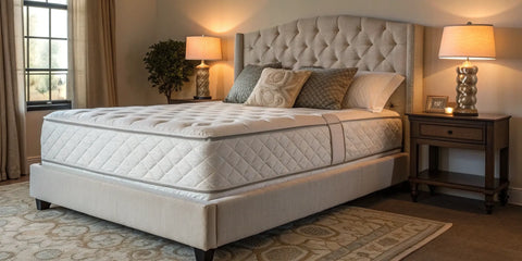 Best affordable hybrid mattress on a bed frame in a cozy bedroom.