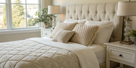 A Brooklyn Bedding mattress with white pillows and neutral bedding in a well-lit bedroom.