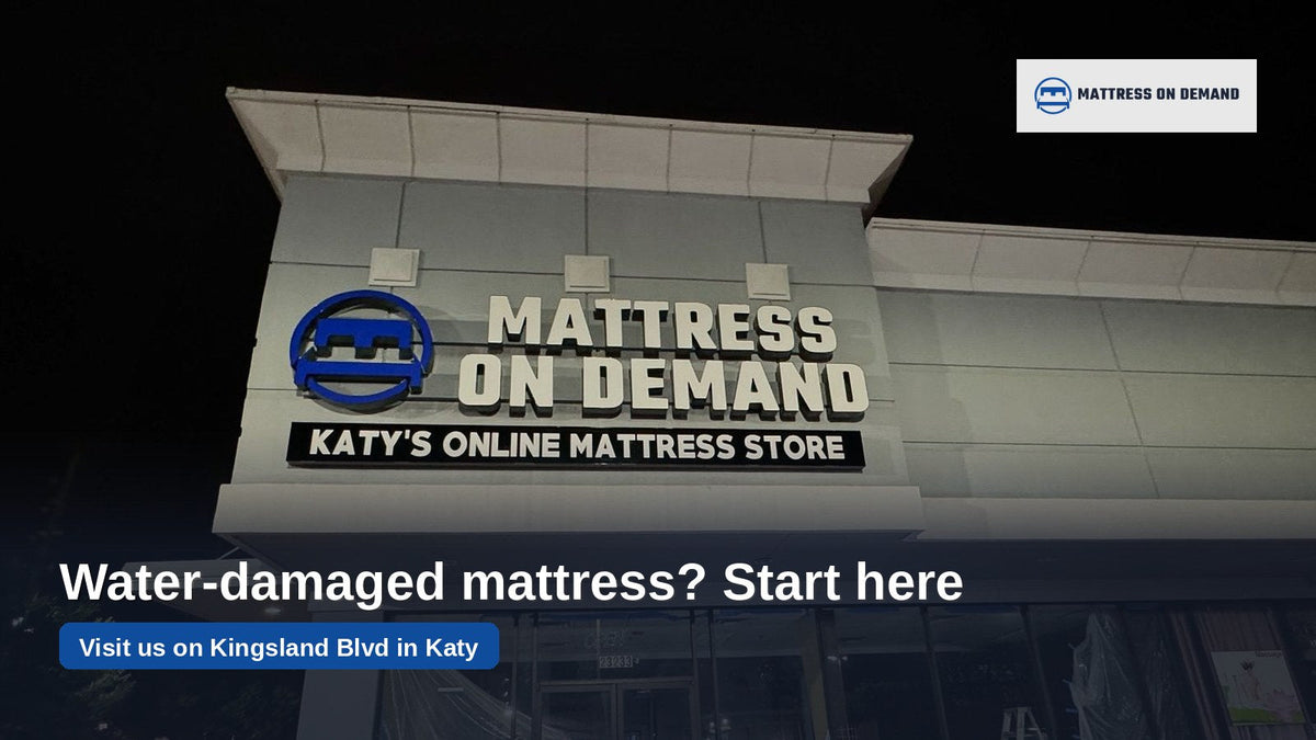 Mattress On Demand store in Katy, Texas, open in the evening for shoppers replacing a water-damaged mattress