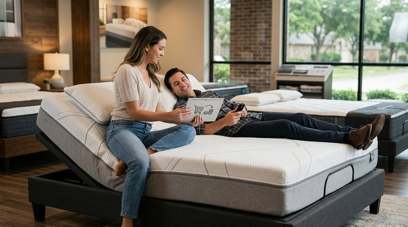 Fort Bend County mattress financing guide with showroom mattress and adjustable base setup