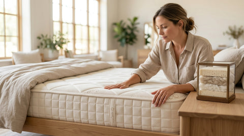 Katy shopper testing a Naturepedic organic mattress in a bright showroom