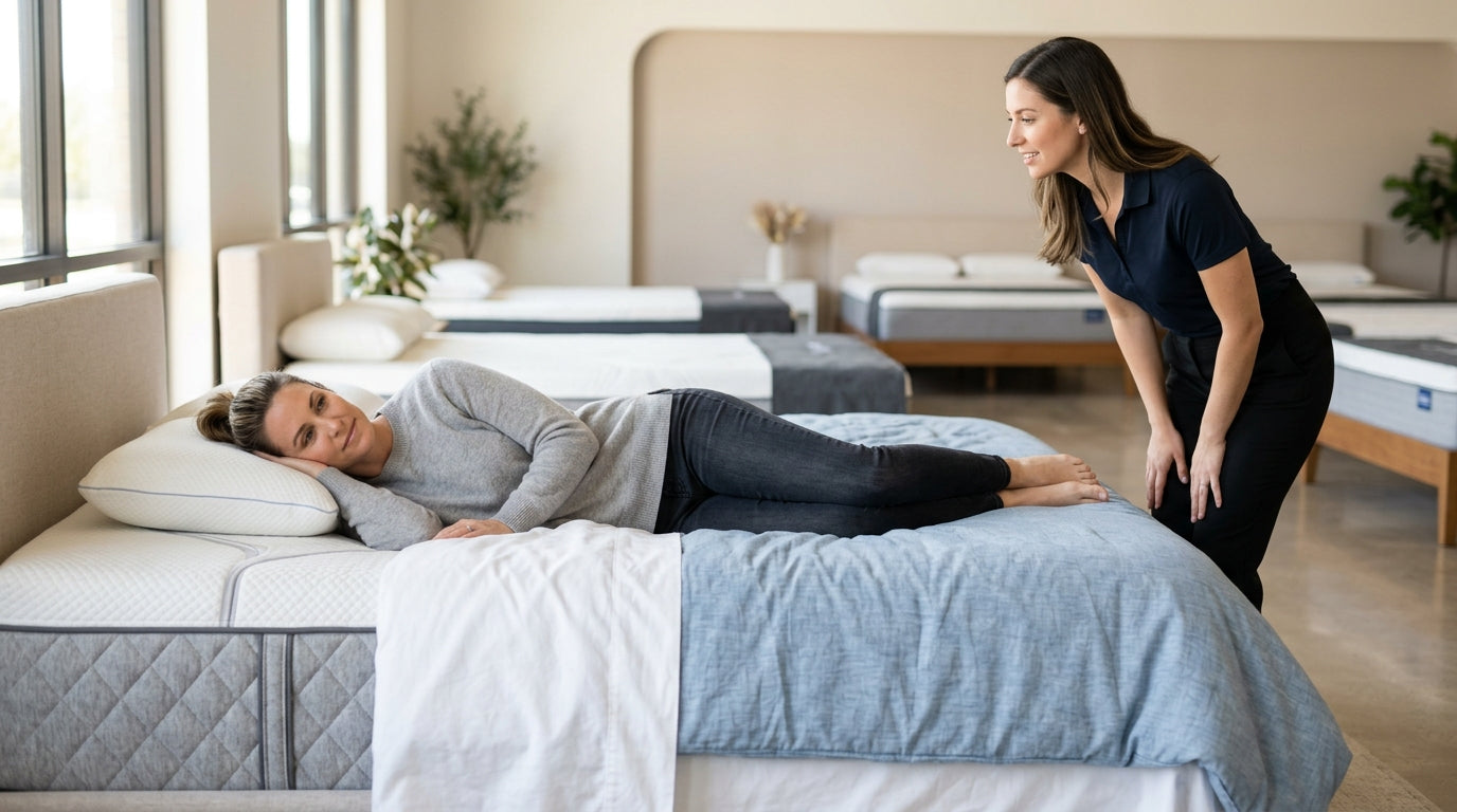 Side sleeper testing a pressure-relief mattress in a showroom near Cypress TX