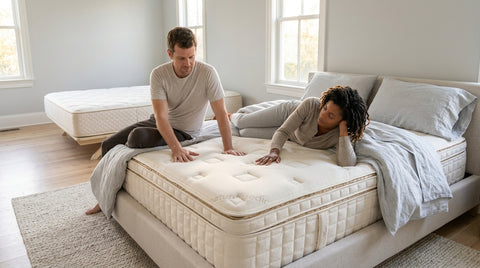 Couple testing a Naturepedic organic mattress for shared comfort and pressure relief