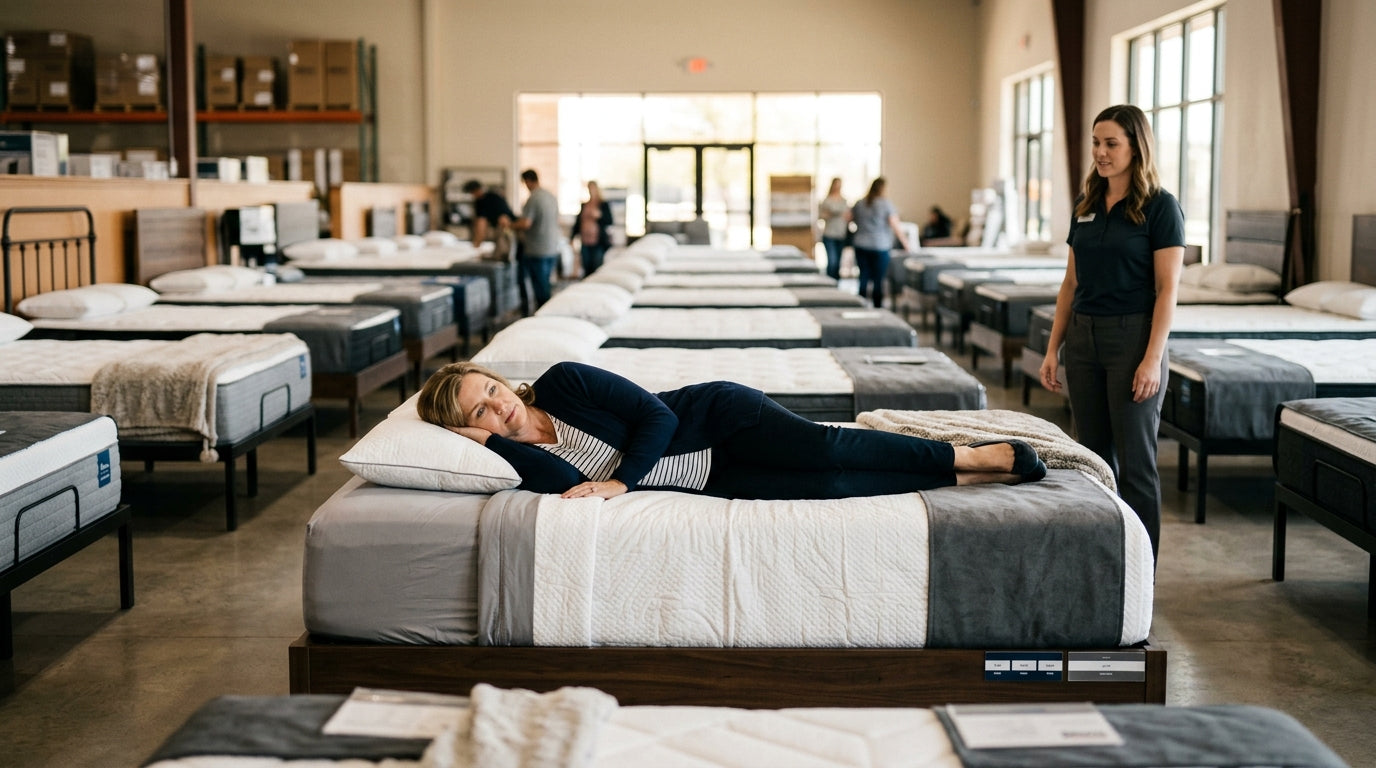 Shopper testing a mattress at a Rosenberg TX clearance center