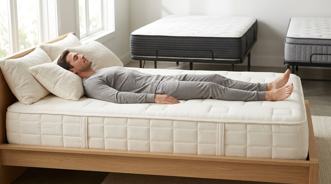 Back sleeper testing a firm organic mattress with secondary hybrid mattresses in a bright bedroom