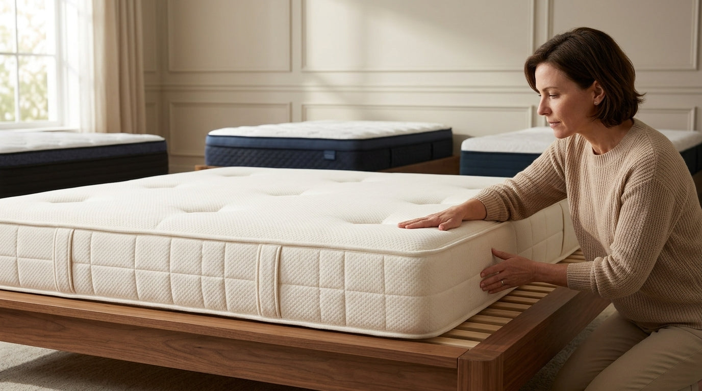 Shopper comparing a premium mattress on a supportive wood platform bed