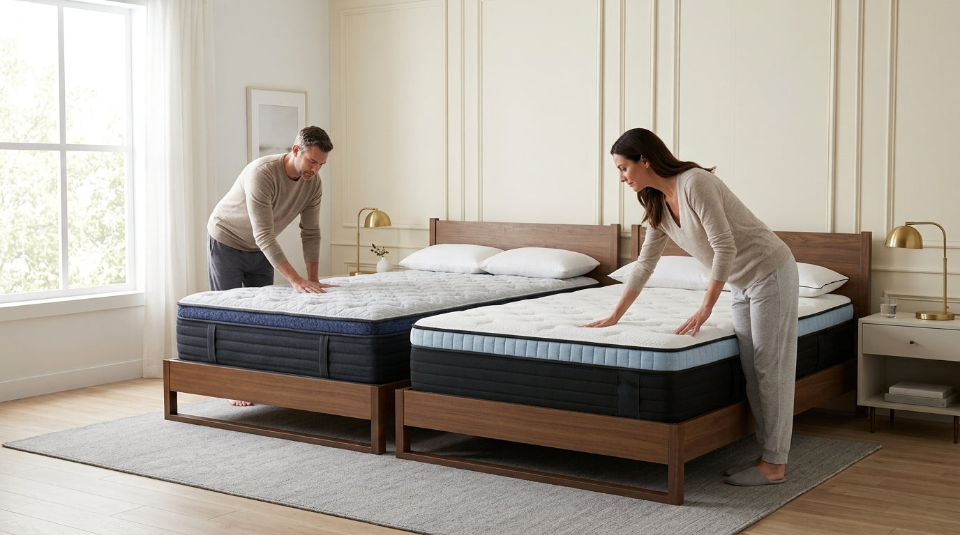 Couple comparing Helix Midnight Luxe and Nolah Evolution 15 luxury hybrid mattresses