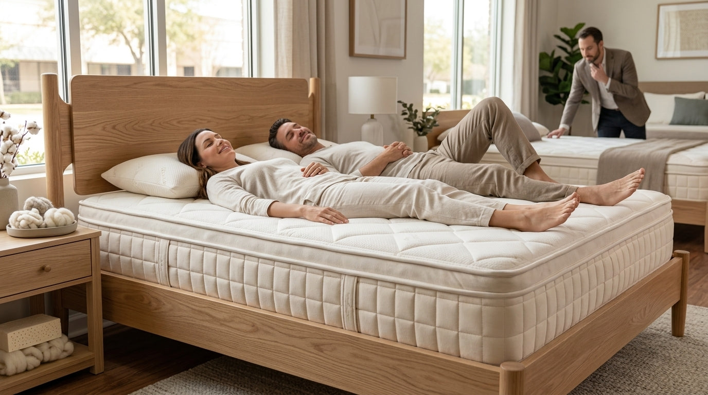 Couple testing a Naturepedic customizable organic mattress near Sugar Land Texas