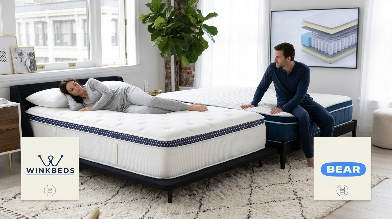 Couple comparing WinkBed Luxury Firm and Bear Elite Hybrid mattresses side by side