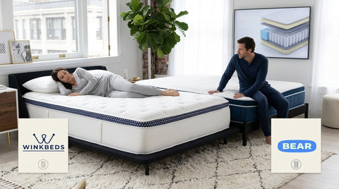 Couple comparing WinkBed Luxury Firm and Bear Elite Hybrid mattresses side by side