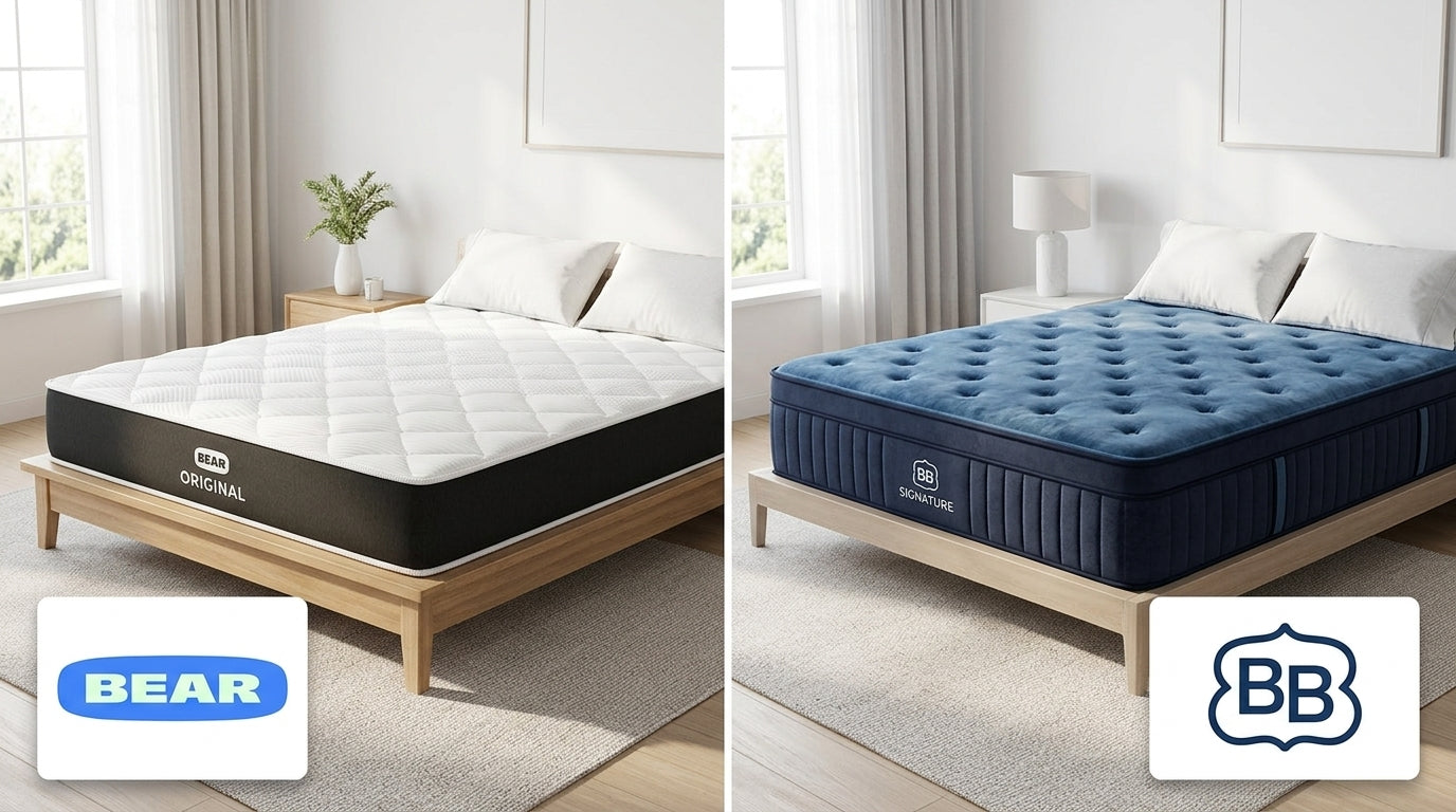 Bear Original and Brooklyn Bedding Signature Hybrid mattresses shown side by side