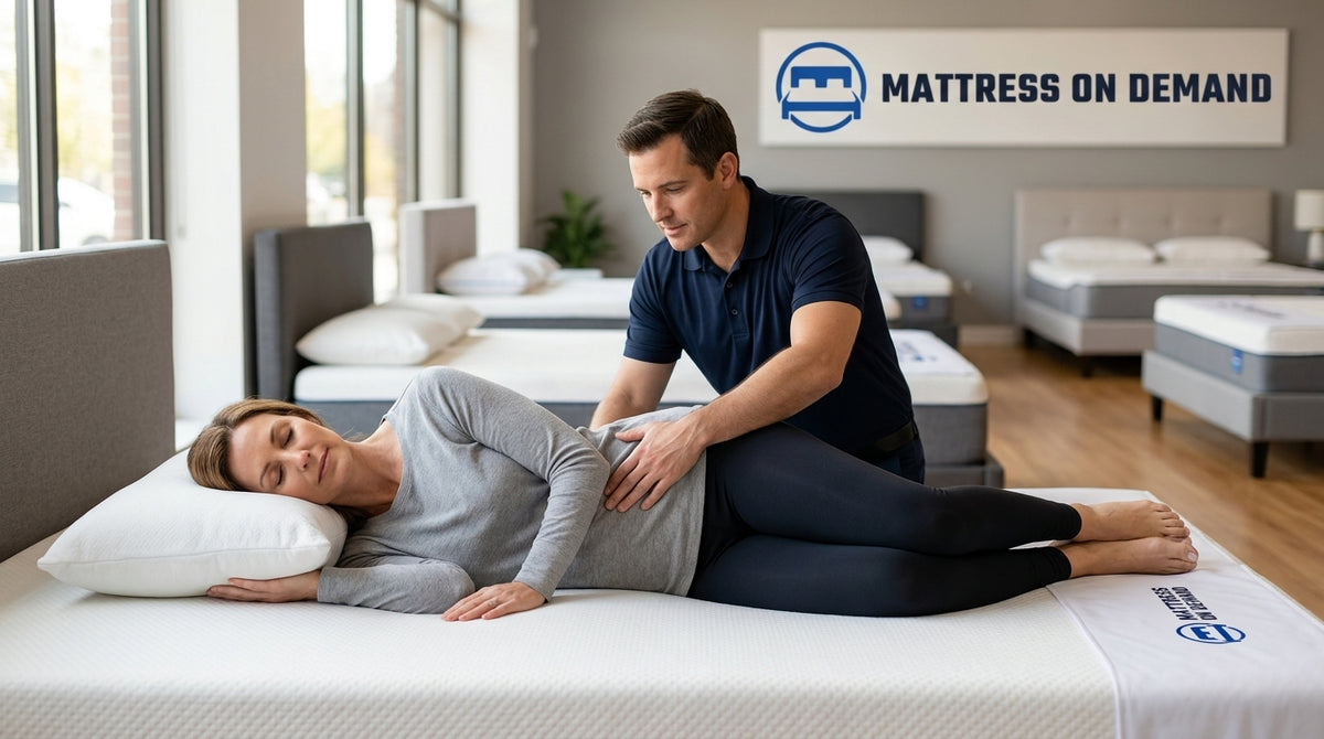 Side sleeper lying on a white queen mattress in a Mattress On Demand showroom while a sleep consultant checks the gap between her waist and the mattress surface