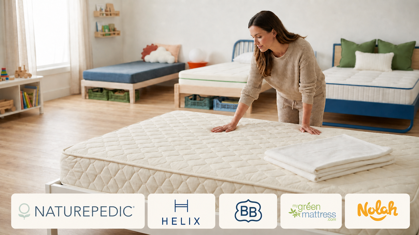 Best Kids Mattress Online: Naturepedic, Helix, Brooklyn Bedding, My Green Mattress, and Nolah Guide featuring official Naturepedic, Helix, Brooklyn Bedding, My Green Mattress, Nolah branding