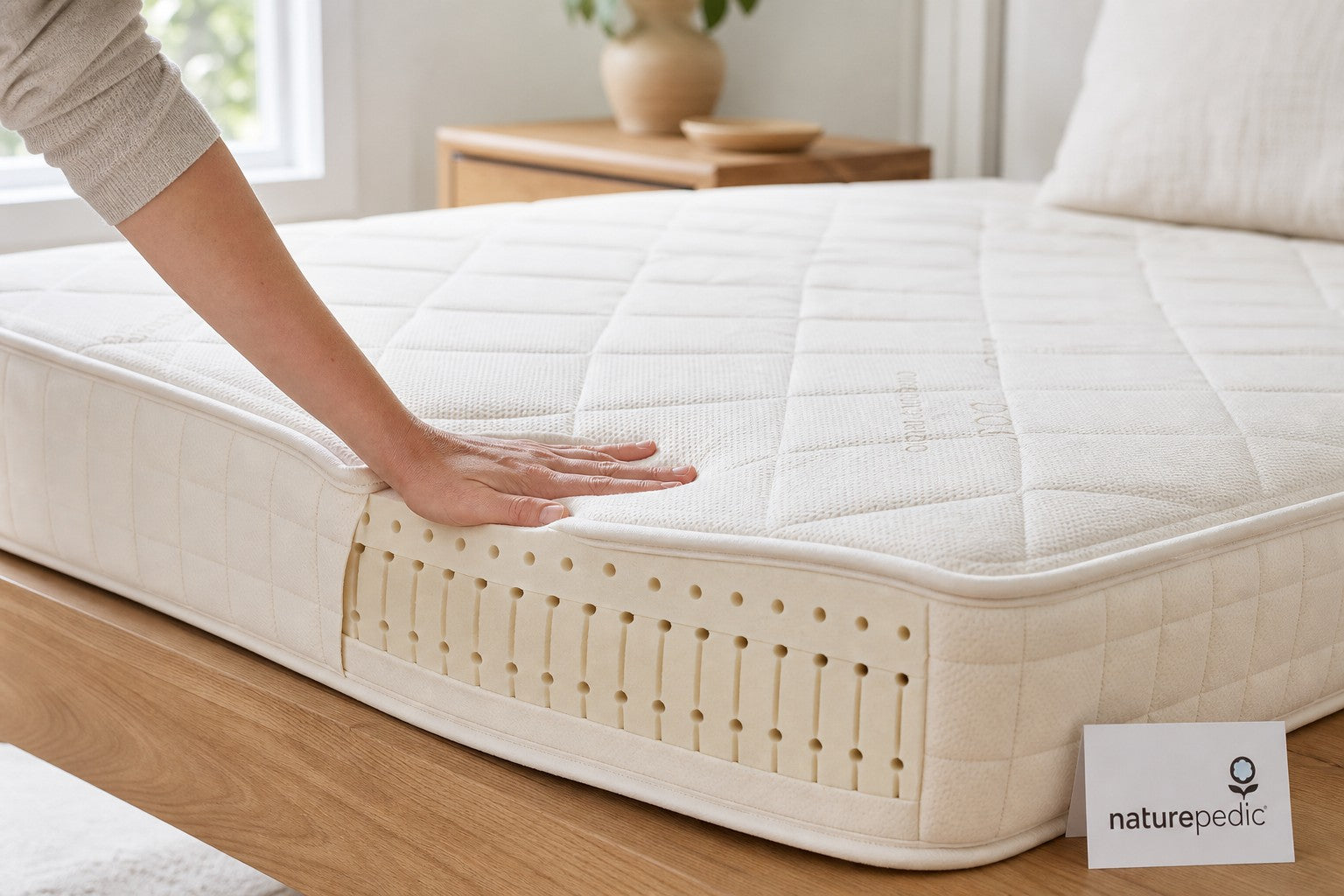 Naturepedic organic latex mattress with exposed latex layer in a bright bedroom near Stafford TX
