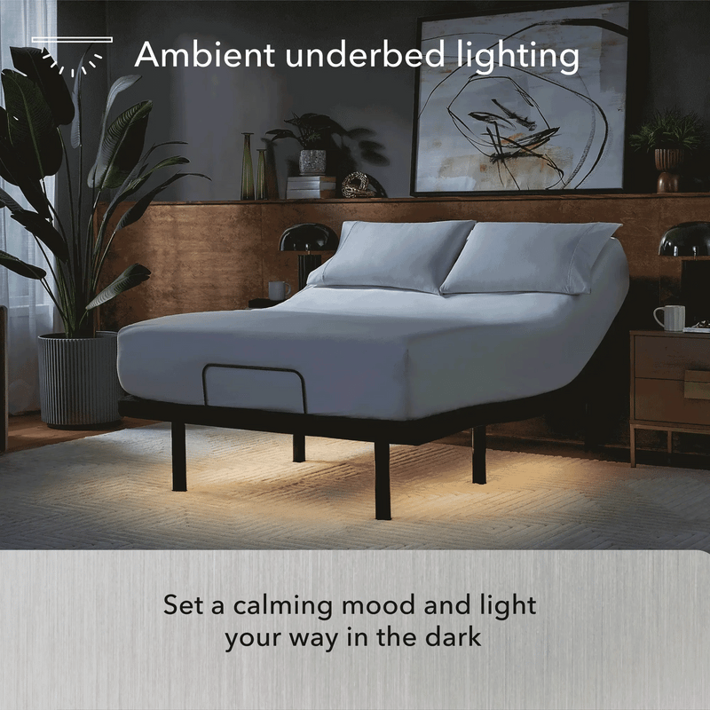 Bed with ambient underbed lighting in a bedroom setting