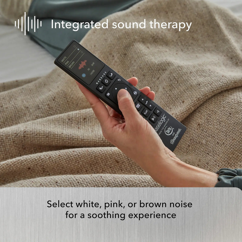 Hand holding a remote control with 'Integrated sound therapy' text and options for white, pink, or brown noise.
