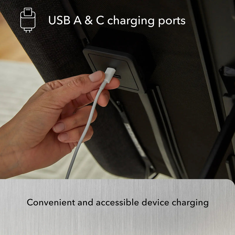 Hand plugging a USB cable into a vehicle's charging port with text indicating USB A & C ports.