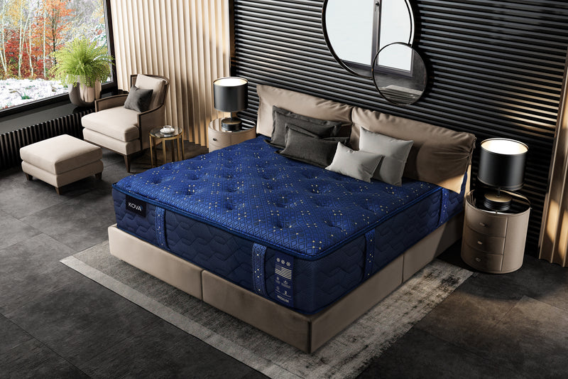 Blue mattress on a bed in a stylish bedroom with decor elements.