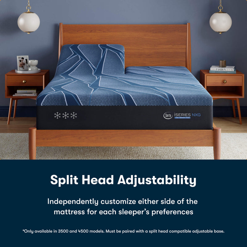 Bed with blue mattress and wooden headboard in a room with nightstands and decor.