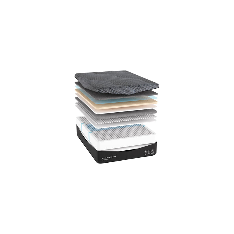 Helix Platinum Firm mattress layer breakout showing cooling cover, memory foams, Talalay latex, microcoils and support coils