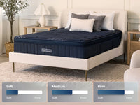 Navy mattress on a bed with comfort level options displayed