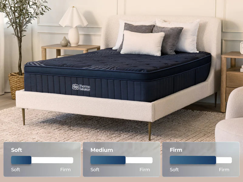 Navy mattress on a bed with comfort level options displayed